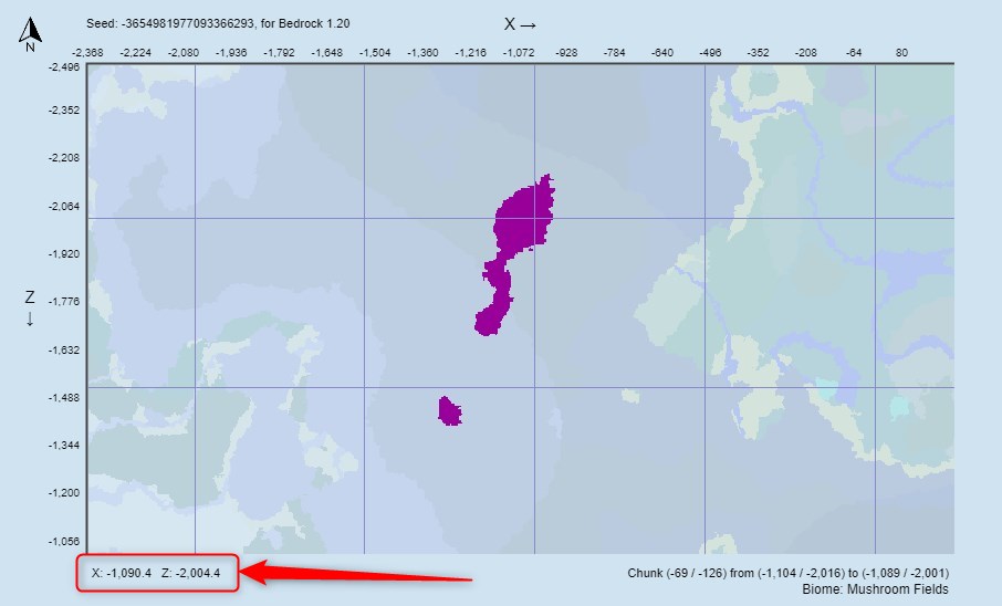 キノコ島にマウスポインタをあてて、地図の左下を見ると座標が表示